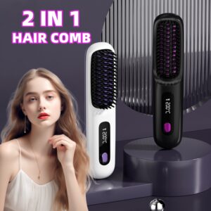 2-in-1 Wireless Hair Straightener Brush – Fast-Heating Portable Hot Comb & Curler with USB Charging